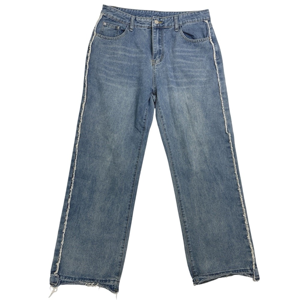 Y2K Unisex Straight Leg Jeans XL Raw Hem Side Fringe Detail Skater Streetwear